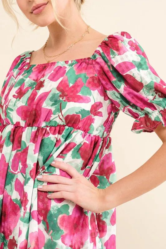 And The Why Smocked Floral Ruffle Short Sleeve Mini Dress - Ramm Clothing Ink