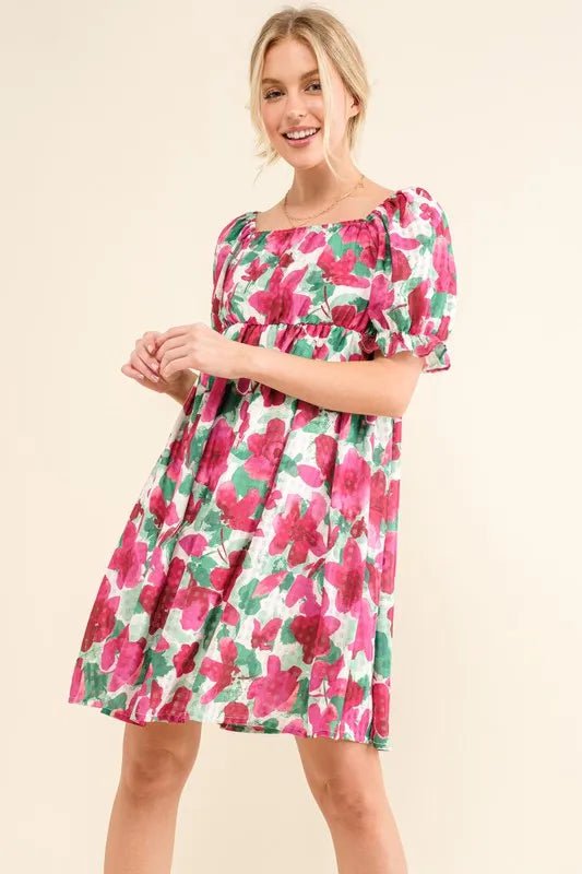 And The Why Smocked Floral Ruffle Short Sleeve Mini Dress - Ramm Clothing Ink