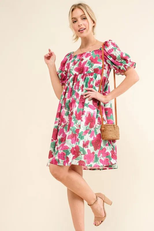 And The Why Smocked Floral Ruffle Short Sleeve Mini Dress - Ramm Clothing Ink