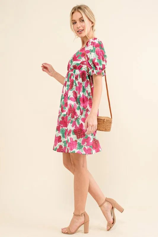 And The Why Smocked Floral Ruffle Short Sleeve Mini Dress - Ramm Clothing Ink