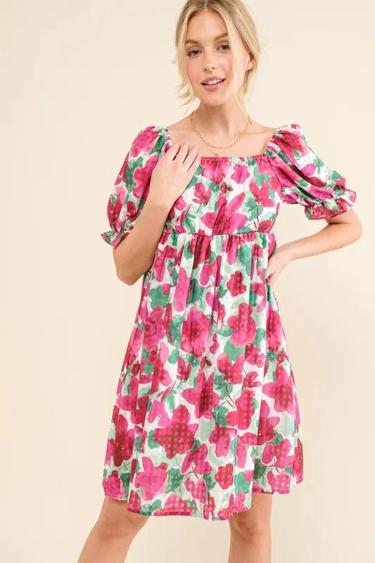 And The Why Smocked Floral Ruffle Short Sleeve Mini Dress - Ramm Clothing Ink