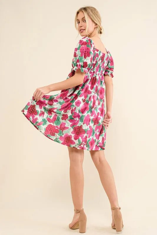And The Why Smocked Floral Ruffle Short Sleeve Mini Dress - Ramm Clothing Ink