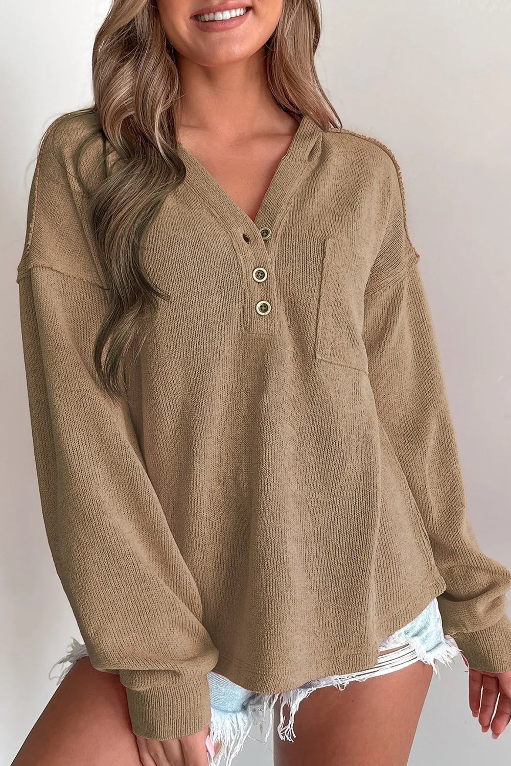 Button Detail Long Sleeve Hoodie - Ramm Clothing Ink
