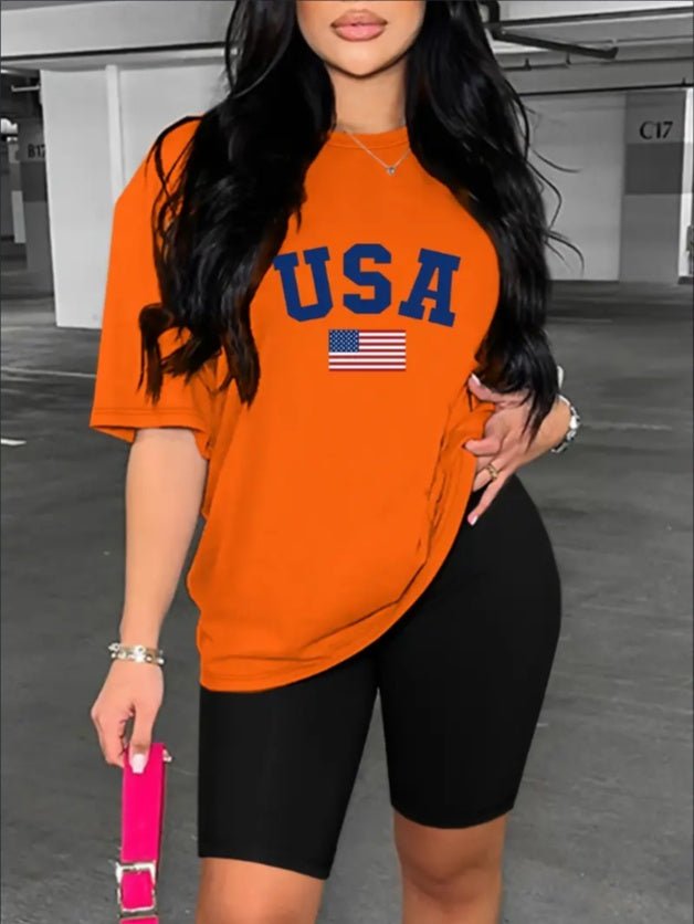 Chic American Flag Print Casual Outfit For Women - Crew Neck Short Sleeve Tee & Biker Shorts Set, Machine Washable - Ramm Clothing Ink