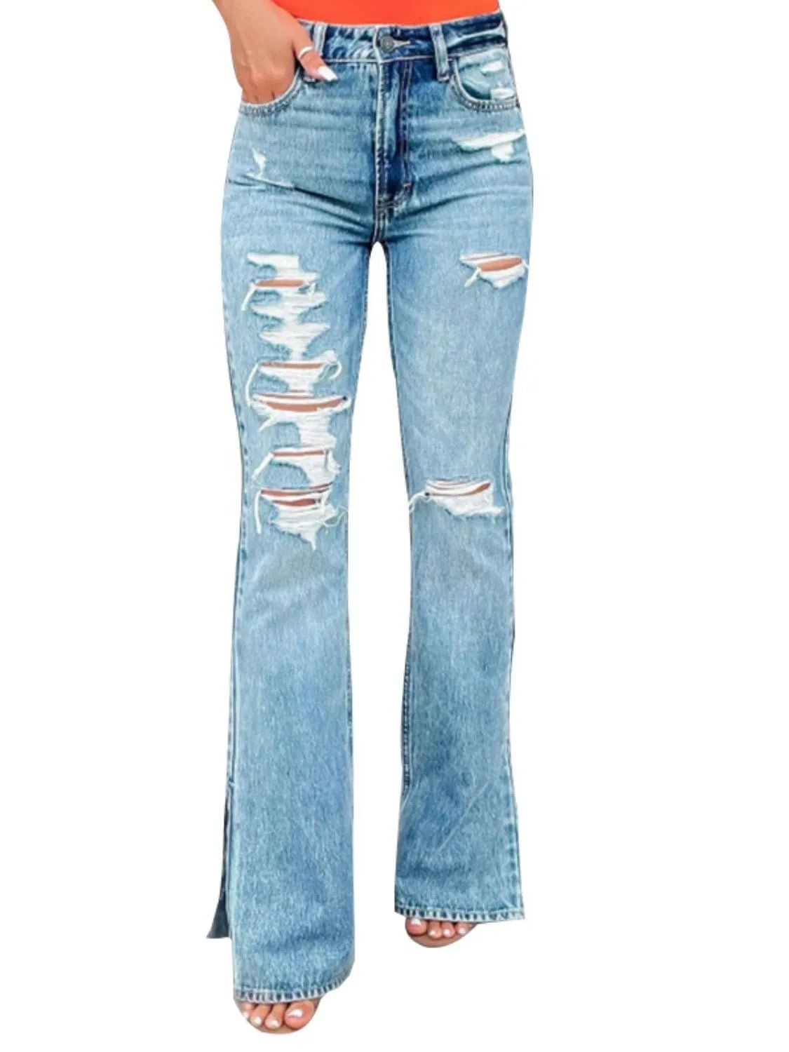 Distressed Slit Bootcut Jeans - Ramm Clothing Ink