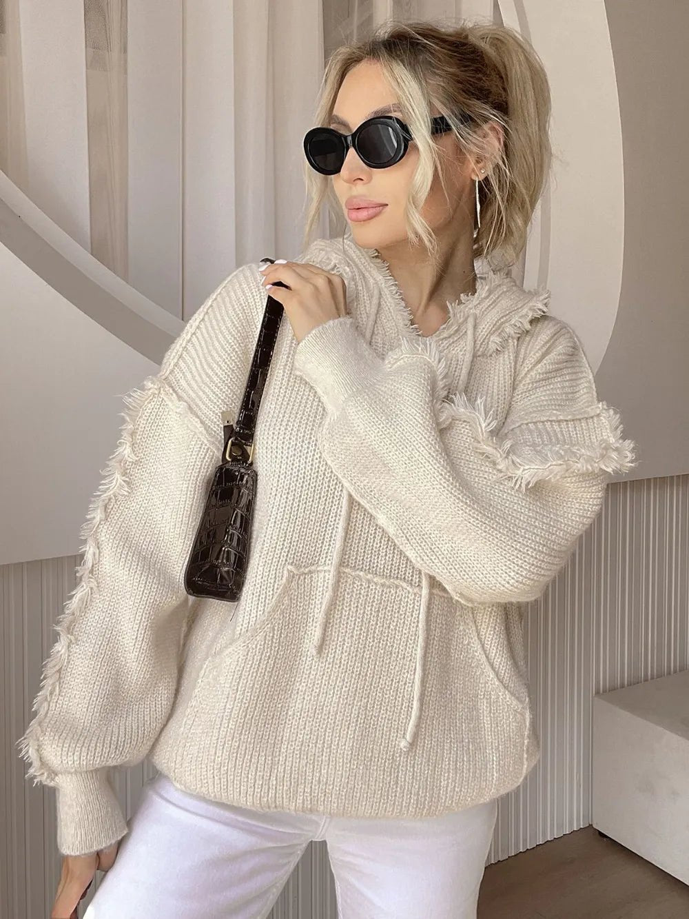 Drawstring Fringe Hem Long Sleeve Hooded Sweater - Ramm Clothing Ink