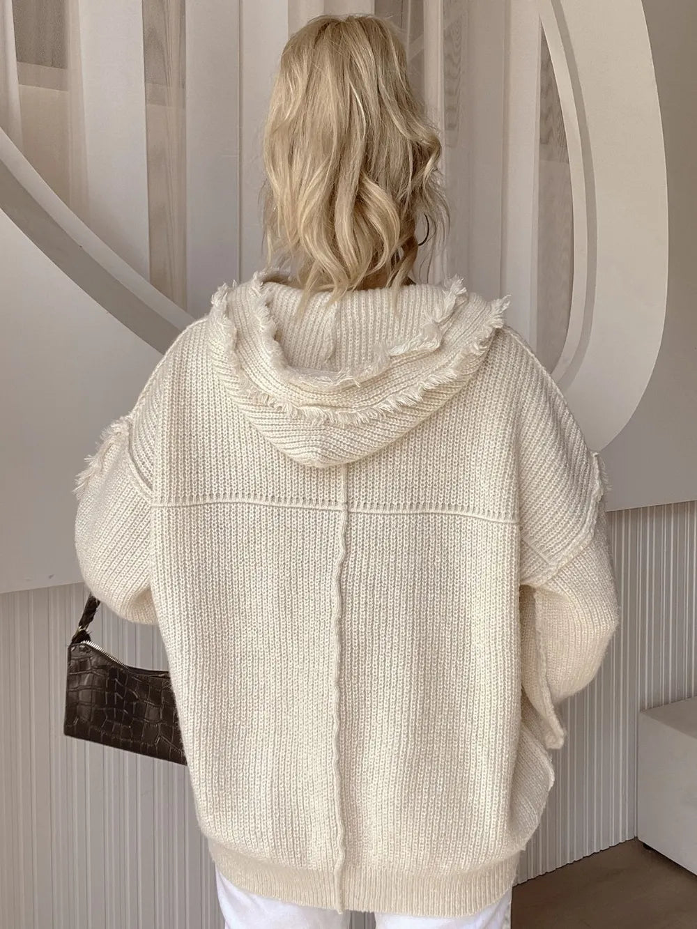 Drawstring Fringe Hem Long Sleeve Hooded Sweater - Ramm Clothing Ink