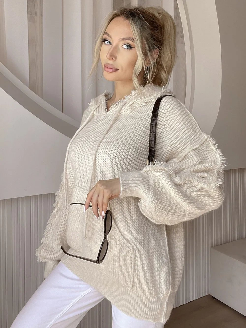 Drawstring Fringe Hem Long Sleeve Hooded Sweater - Ramm Clothing Ink