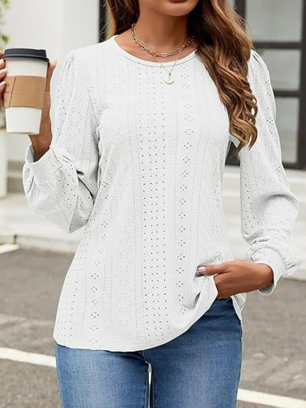 Eyelet Round Neck Long Sleeve Top - Ramm Clothing Ink