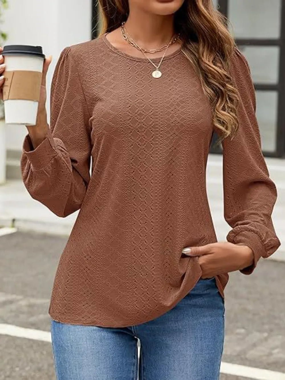 Eyelet Round Neck Long Sleeve Top - Ramm Clothing Ink