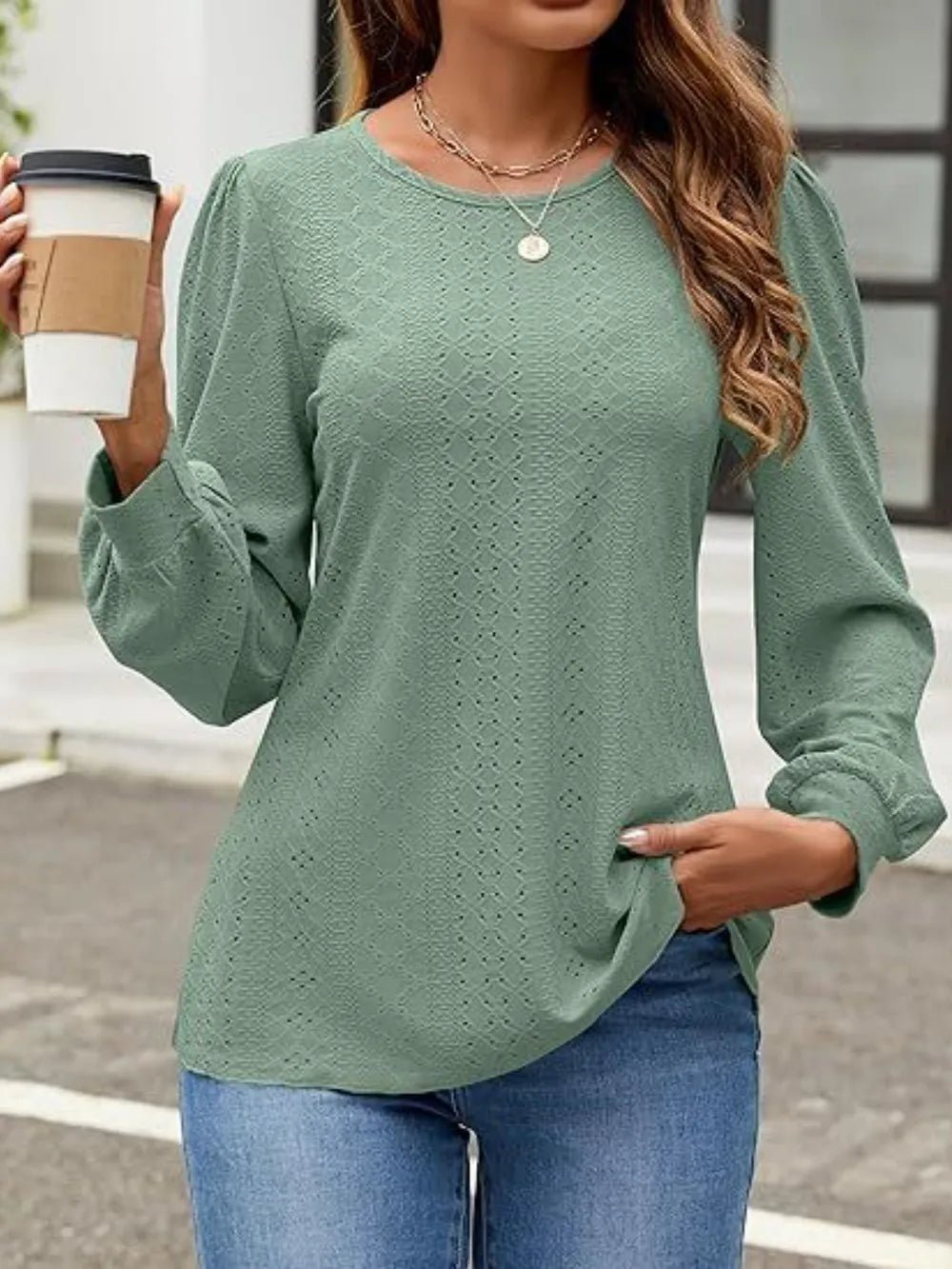 Eyelet Round Neck Long Sleeve Top - Ramm Clothing Ink