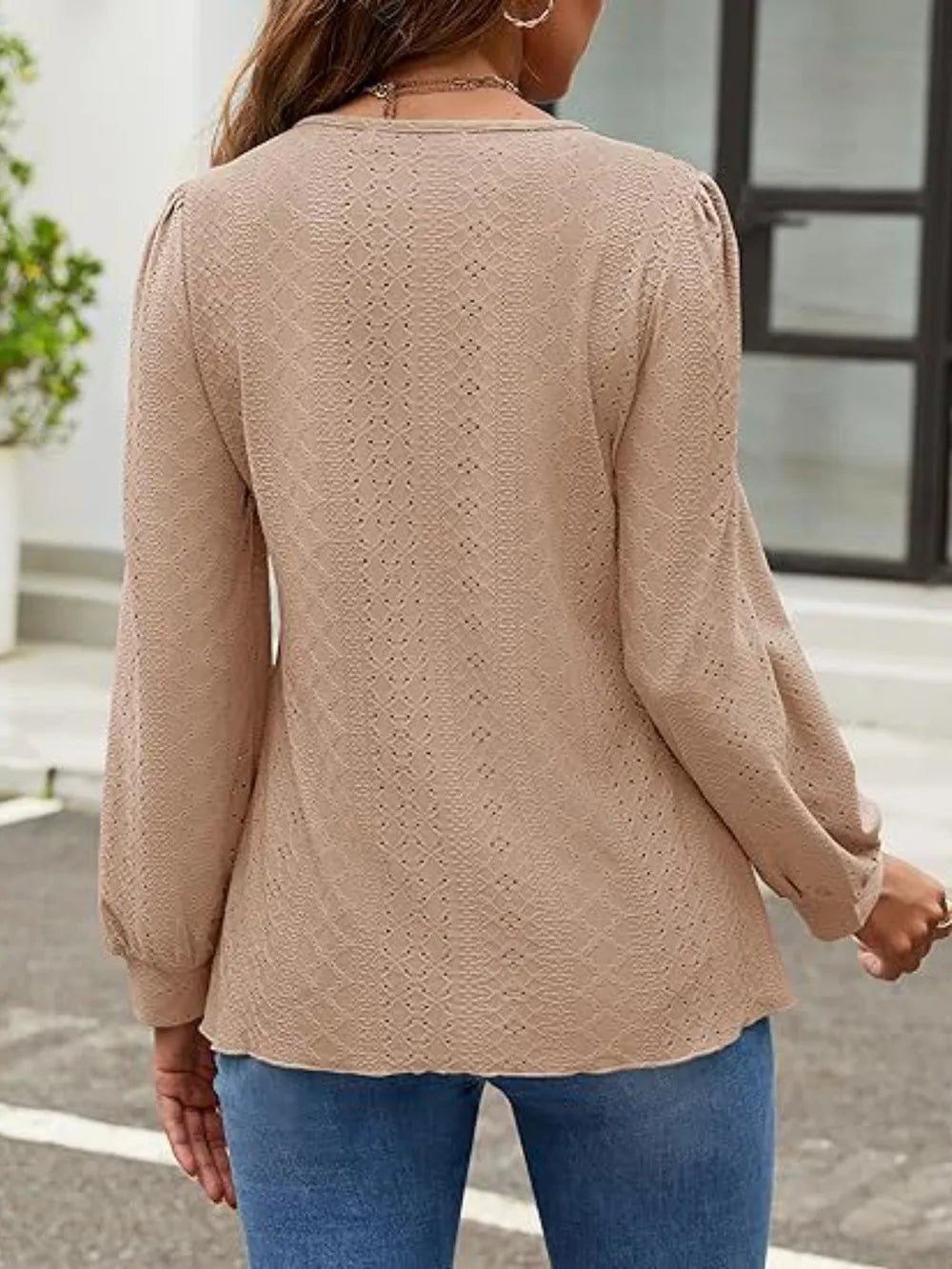 Eyelet Round Neck Long Sleeve Top - Ramm Clothing Ink