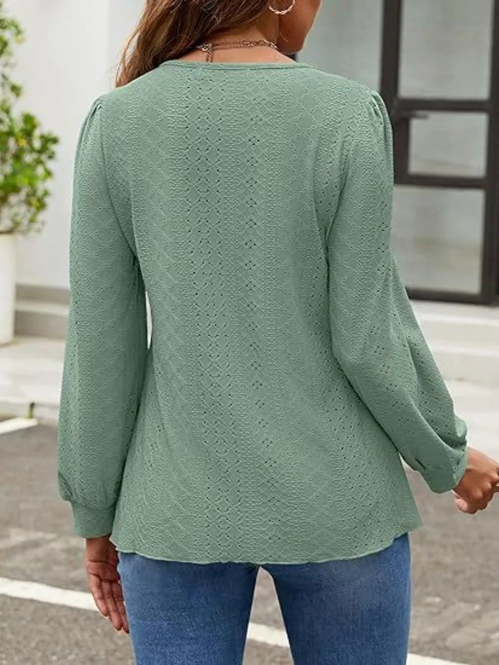 Eyelet Round Neck Long Sleeve Top - Ramm Clothing Ink