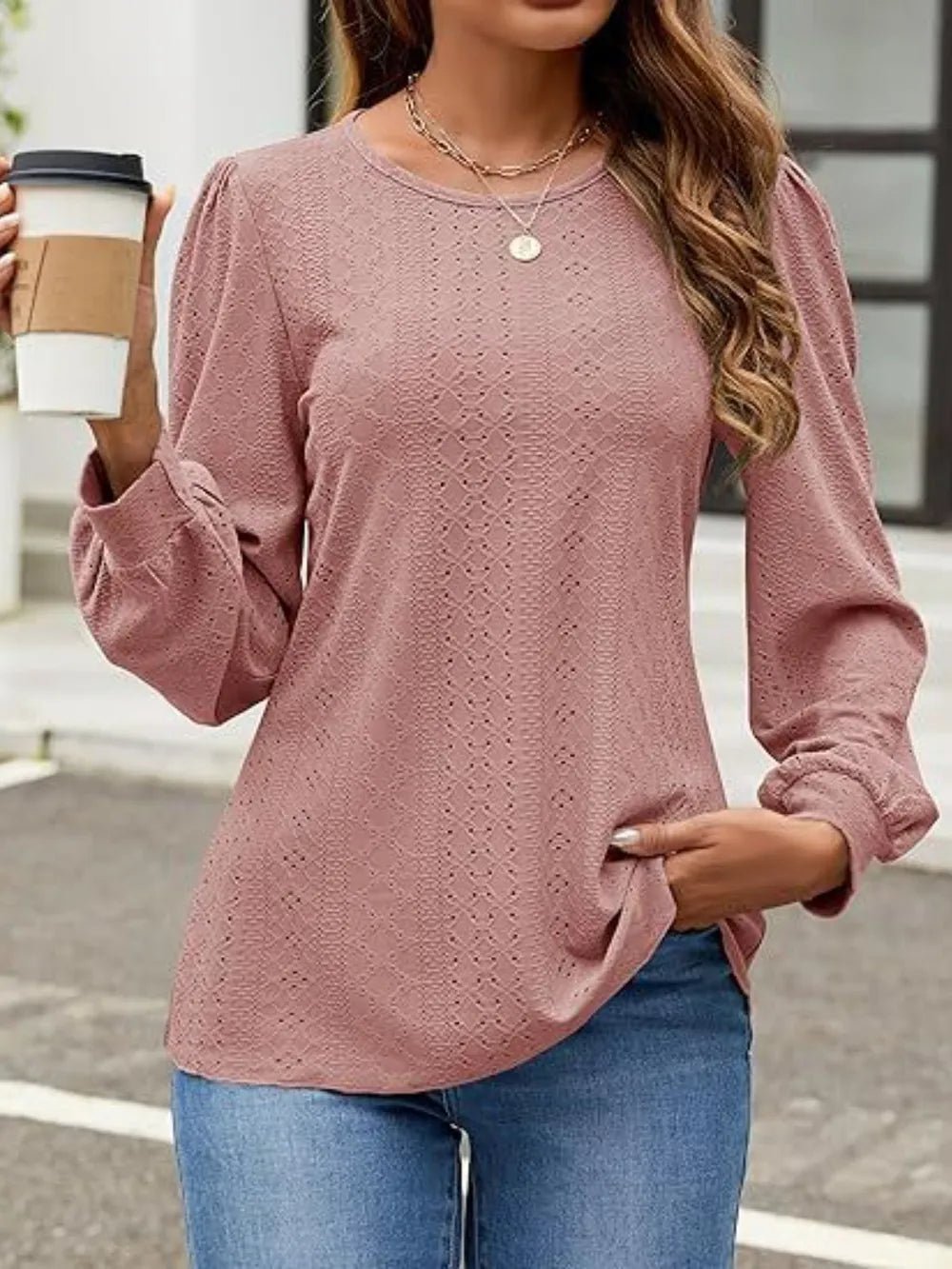 Eyelet Round Neck Long Sleeve Top - Ramm Clothing Ink