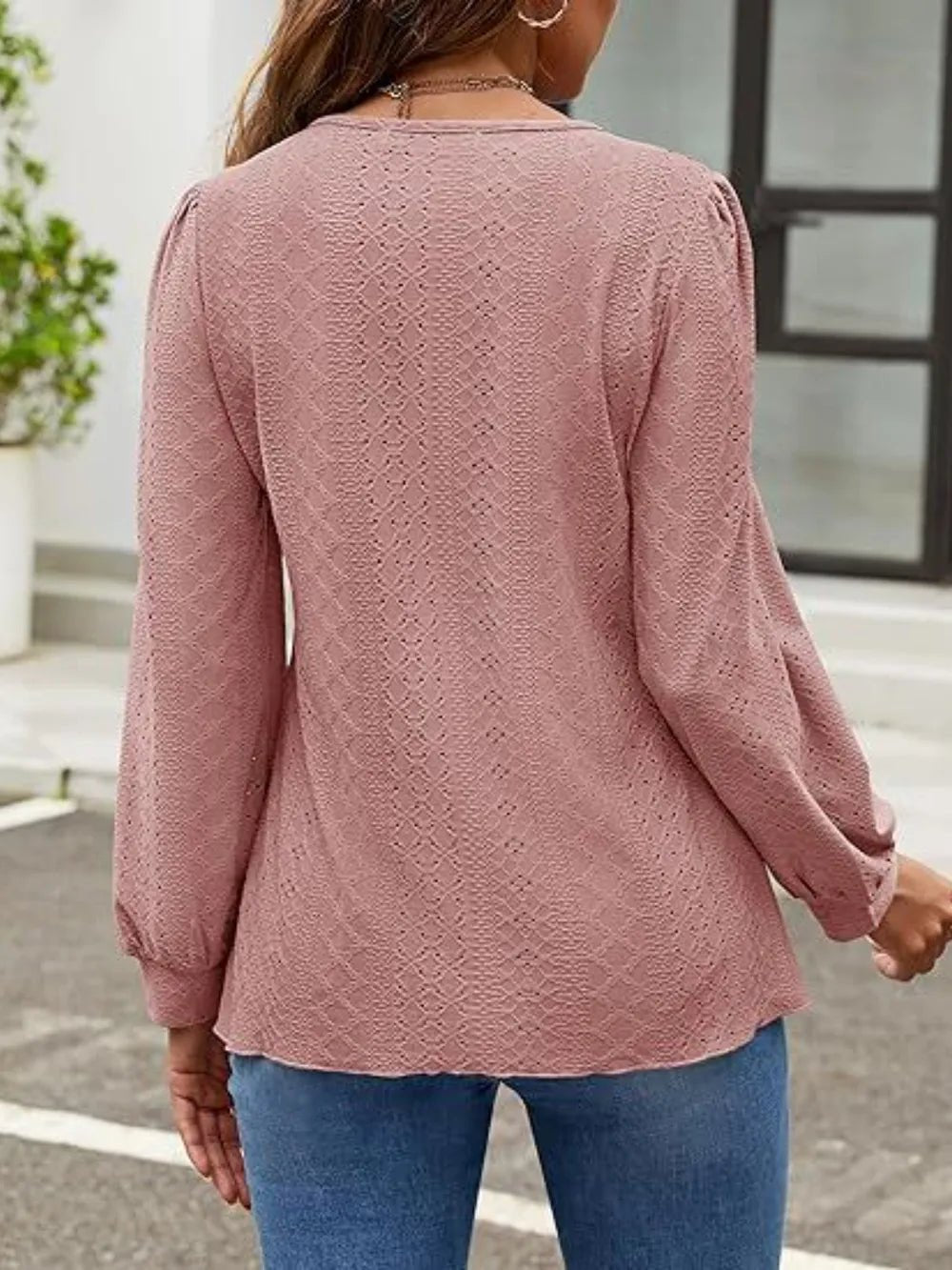 Eyelet Round Neck Long Sleeve Top - Ramm Clothing Ink