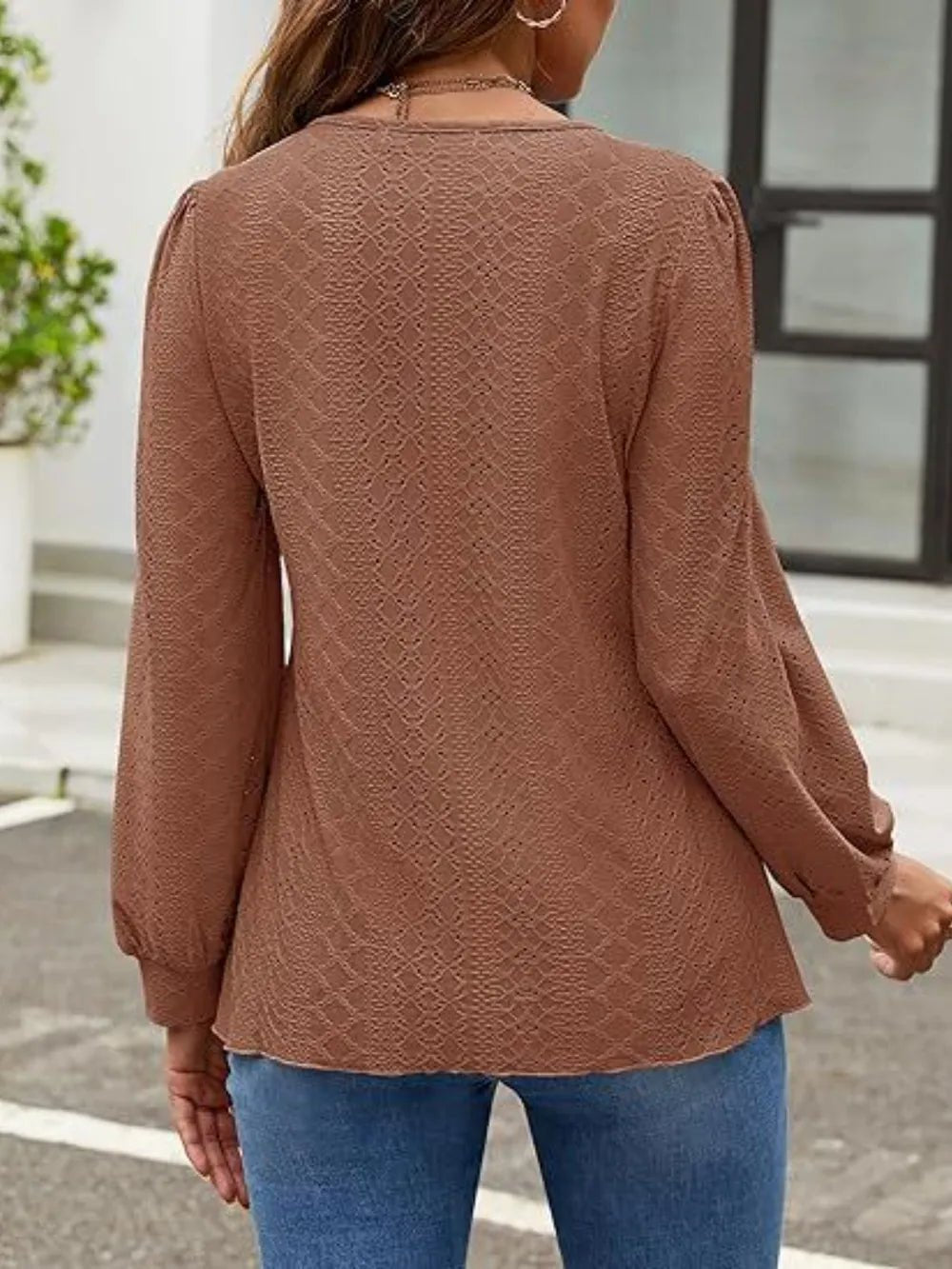 Eyelet Round Neck Long Sleeve Top - Ramm Clothing Ink
