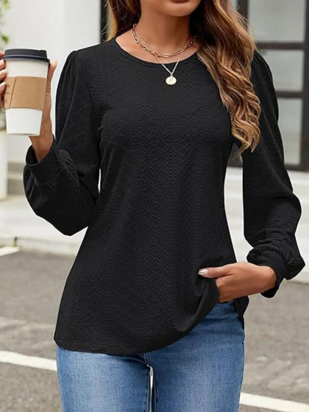 Eyelet Round Neck Long Sleeve Top - Ramm Clothing Ink