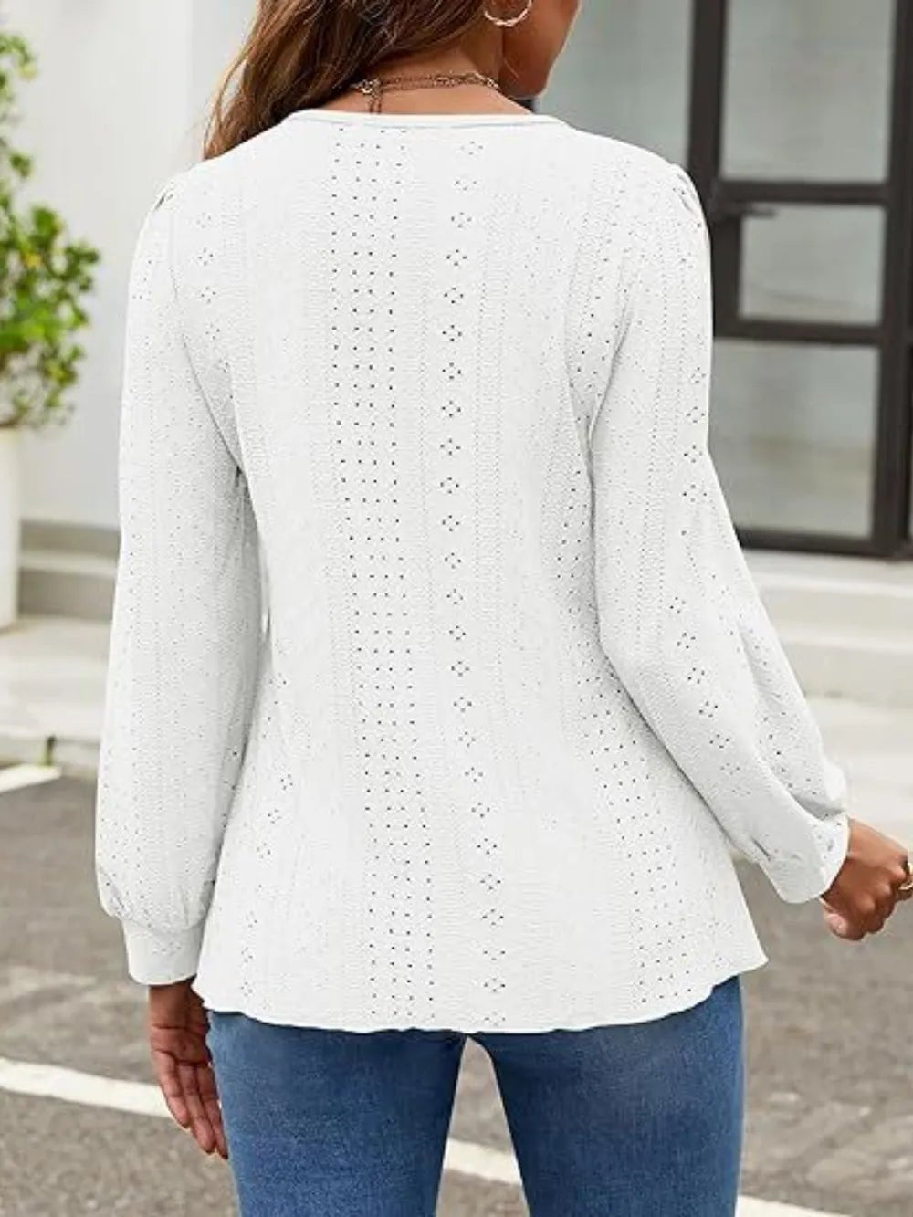 Eyelet Round Neck Long Sleeve Top - Ramm Clothing Ink