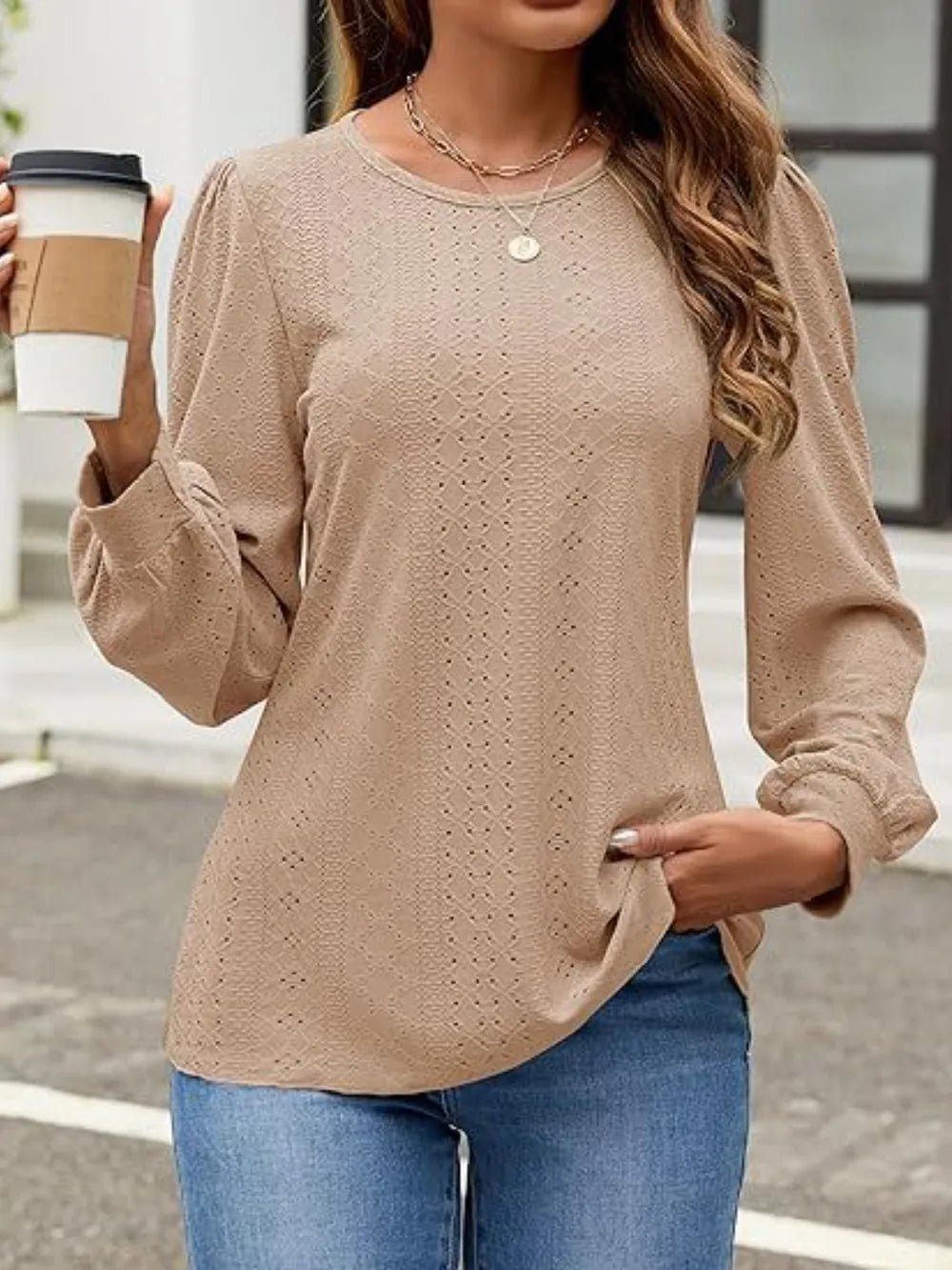 Eyelet Round Neck Long Sleeve Top - Ramm Clothing Ink