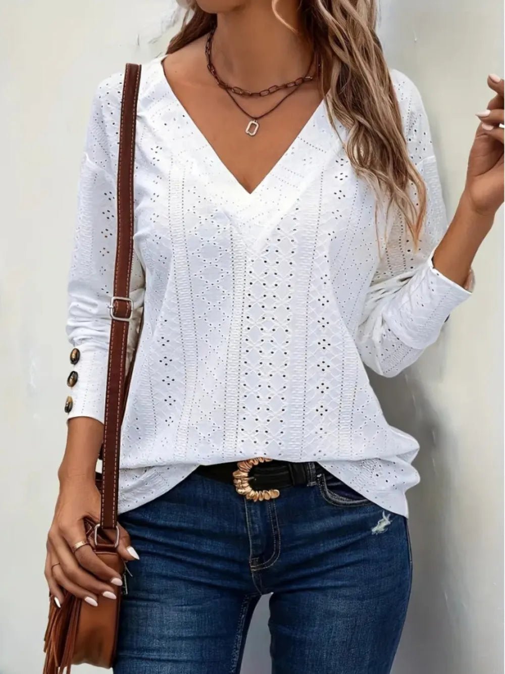 Eyelet V - Neck Long Sleeve Blouse - Ramm Clothing Ink
