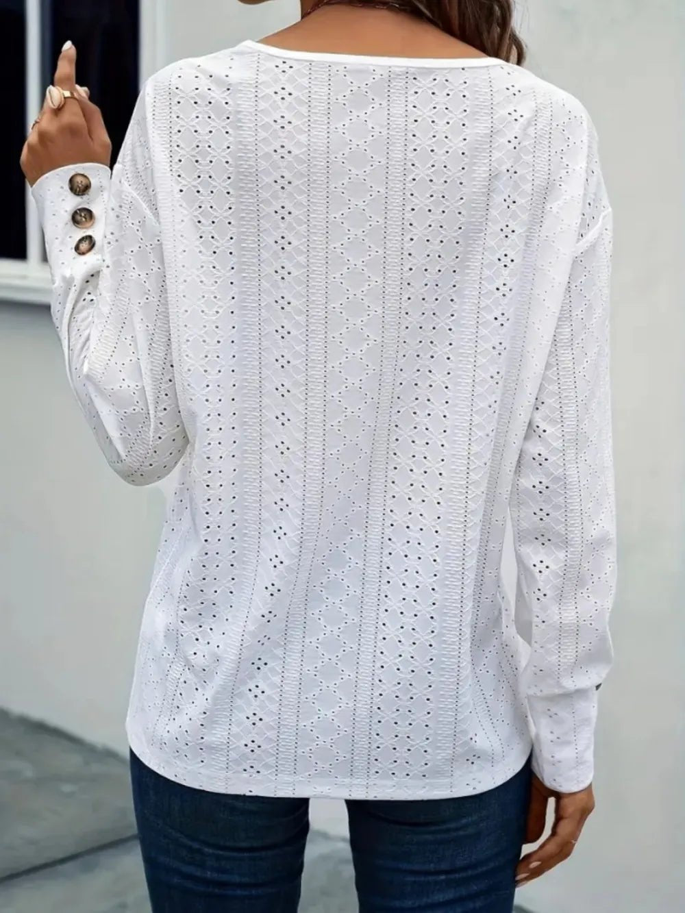Eyelet V - Neck Long Sleeve Blouse - Ramm Clothing Ink
