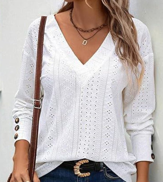 Eyelet V - Neck Long Sleeve Blouse - Ramm Clothing Ink