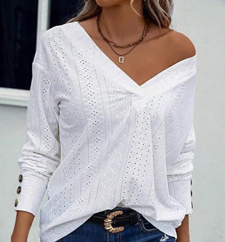 Eyelet V - Neck Long Sleeve Blouse - Ramm Clothing Ink
