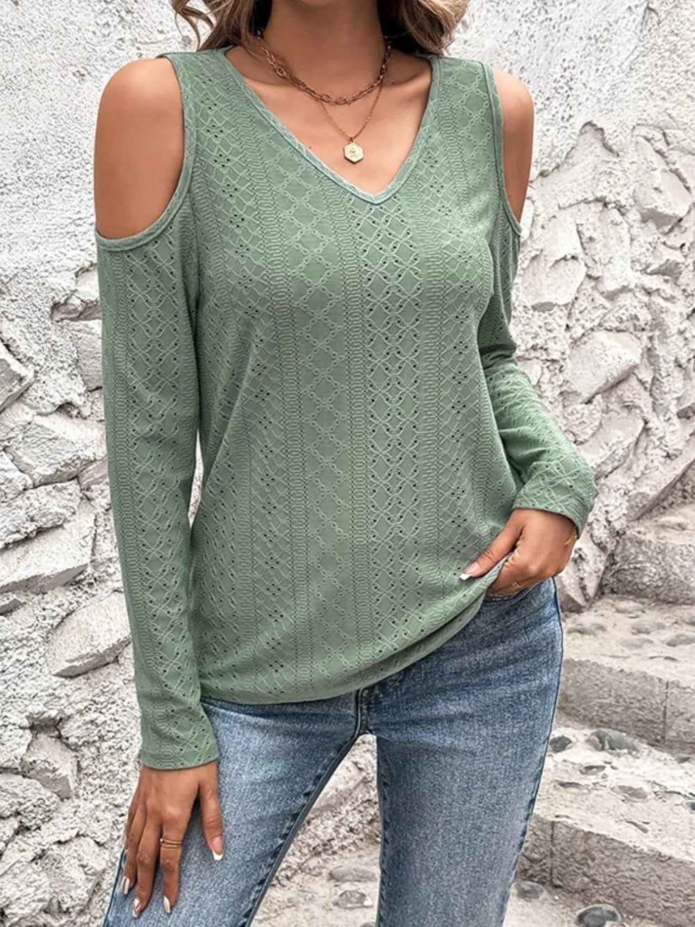 Fashionable hollowed out V - neck off shoulder long sleeved top - Ramm Clothing Ink