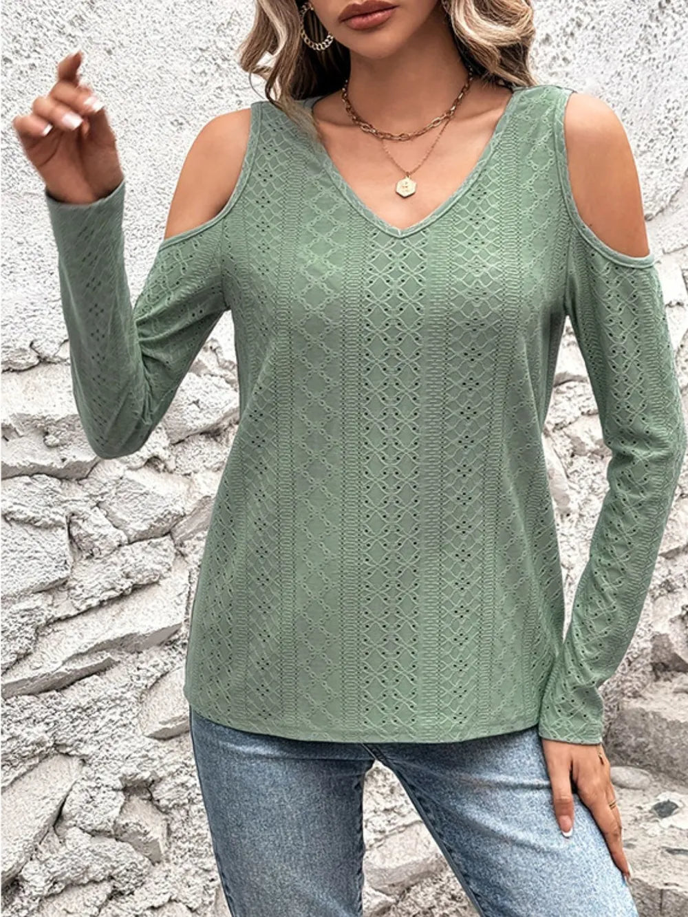 Fashionable hollowed out V - neck off shoulder long sleeved top - Ramm Clothing Ink