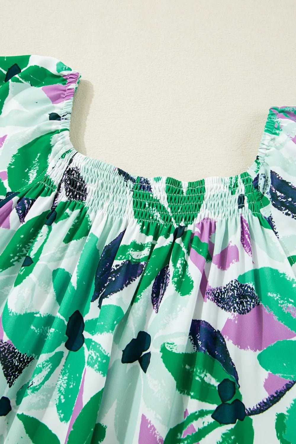 Floral Print Shirred Square Neck Loose Fit Mini Dress - Ramm Clothing Ink