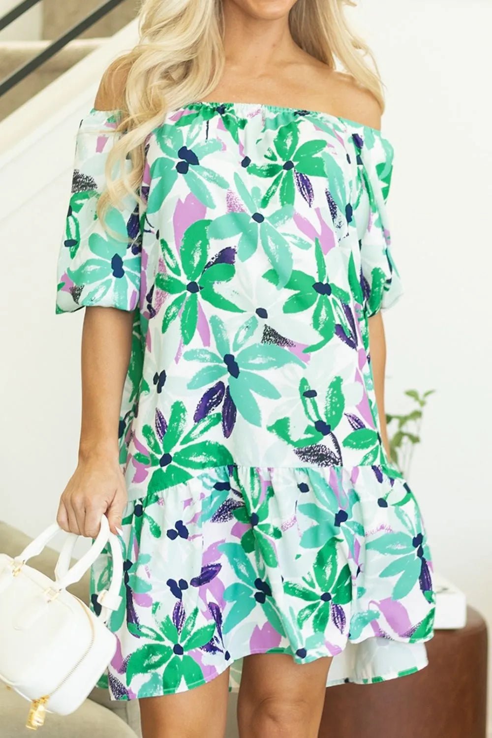 Floral Print Shirred Square Neck Loose Fit Mini Dress - Ramm Clothing Ink