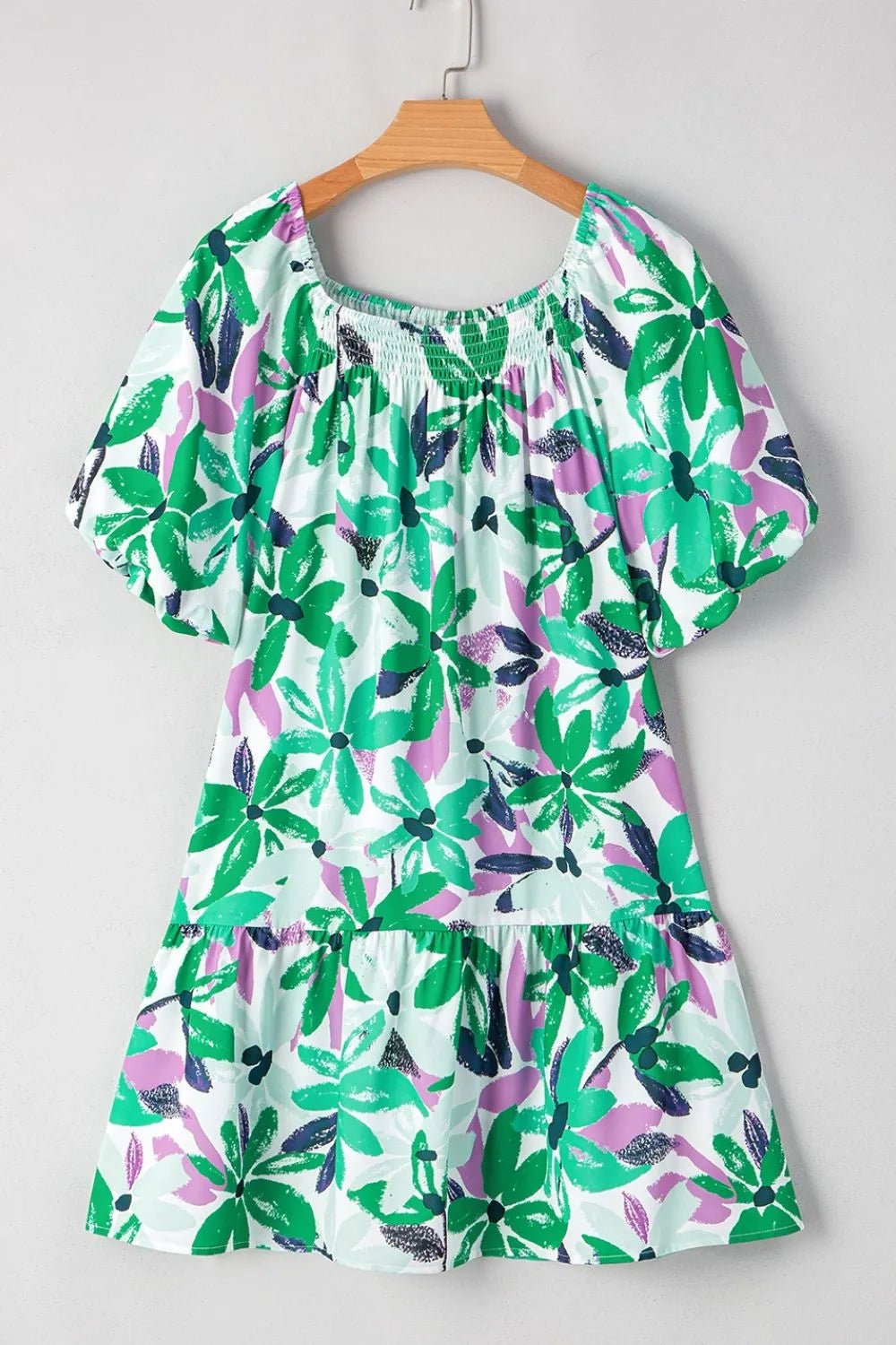 Floral Print Shirred Square Neck Loose Fit Mini Dress - Ramm Clothing Ink