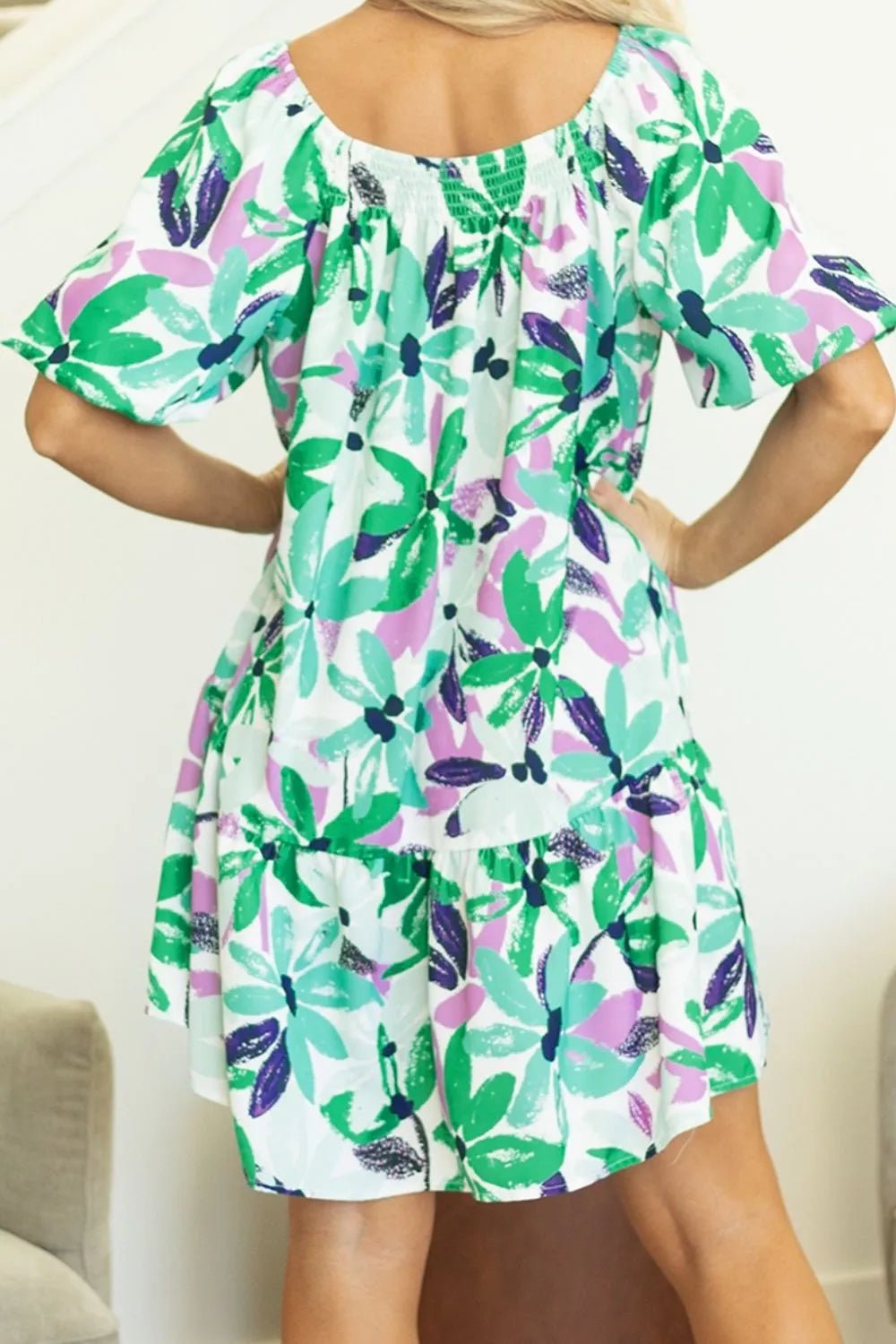 Floral Print Shirred Square Neck Loose Fit Mini Dress - Ramm Clothing Ink