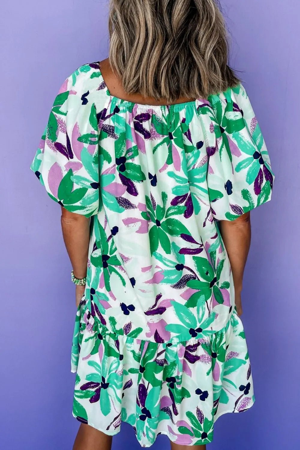 Floral Print Shirred Square Neck Loose Fit Mini Dress - Ramm Clothing Ink