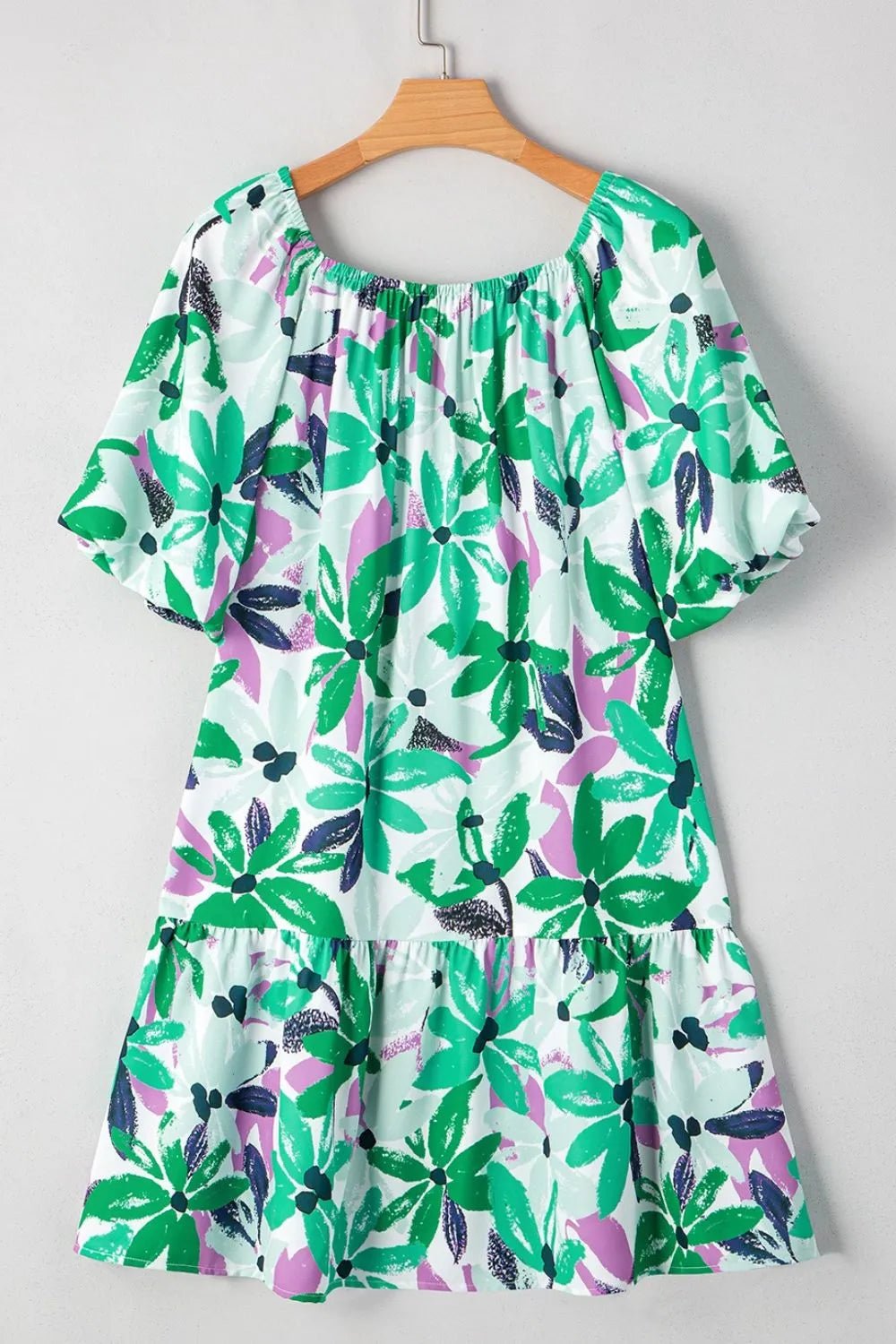 Floral Print Shirred Square Neck Loose Fit Mini Dress - Ramm Clothing Ink
