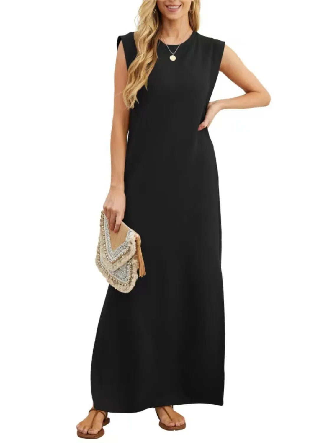 Full Size Slit Round Neck Sleeveless Maxi Tank Dress Plus Size - Ramm Clothing Ink