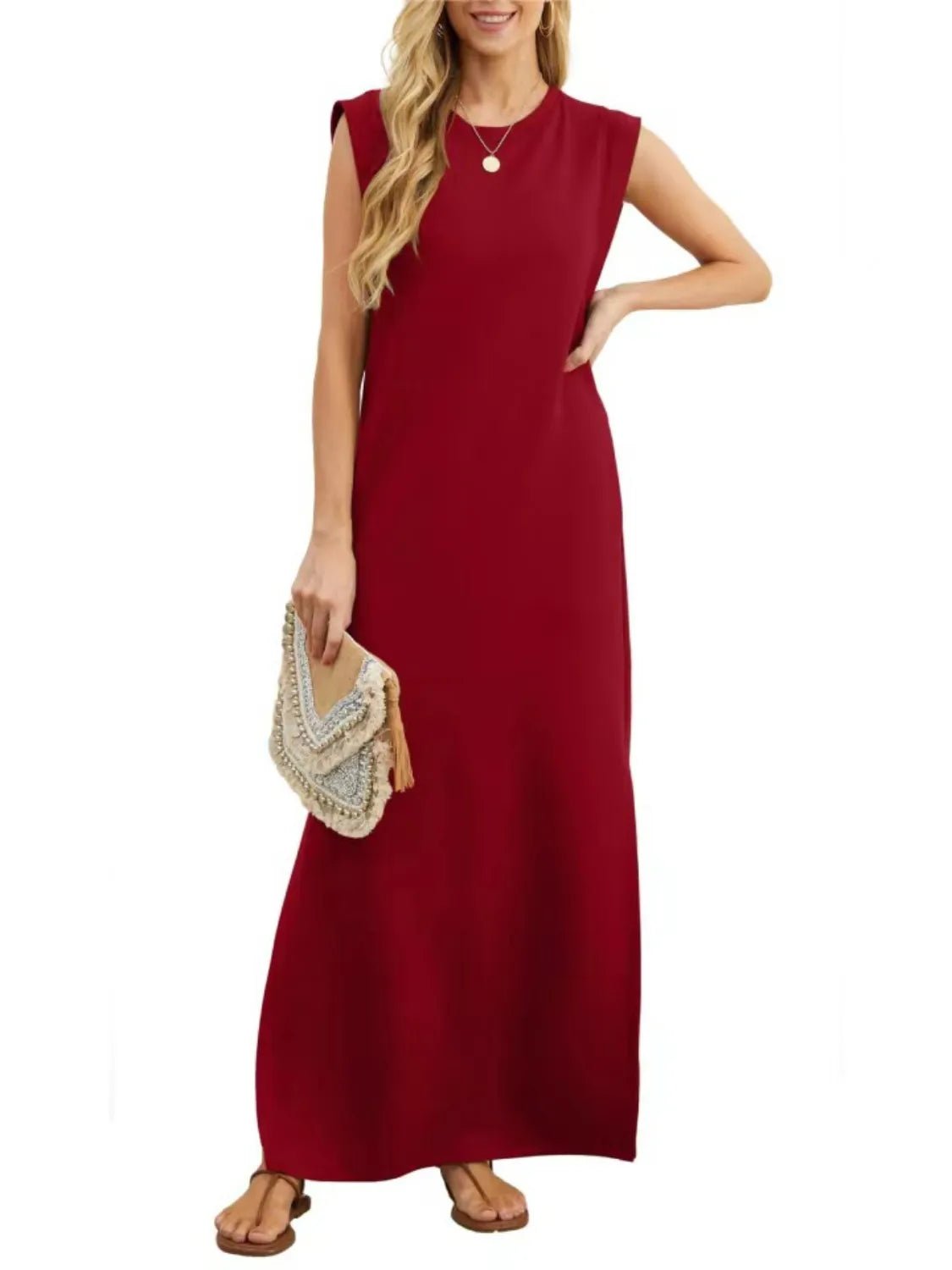 Full Size Slit Round Neck Sleeveless Maxi Tank Dress Plus Size - Ramm Clothing Ink