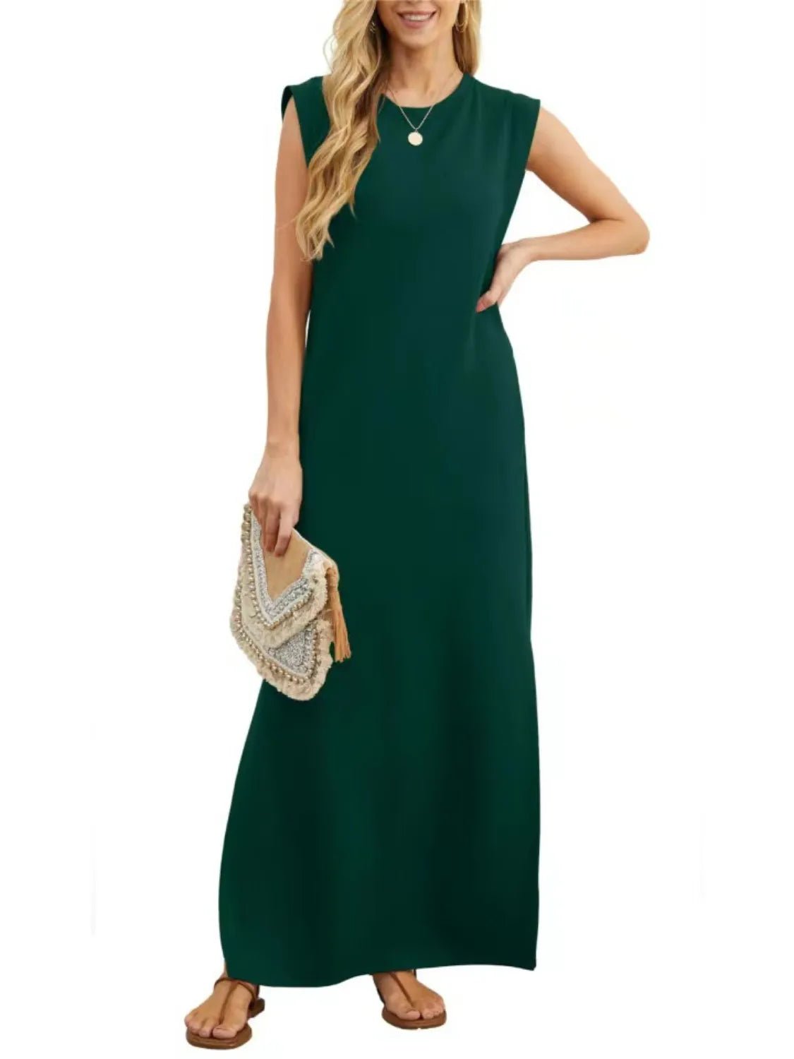 Full Size Slit Round Neck Sleeveless Maxi Tank Dress Plus Size - Ramm Clothing Ink
