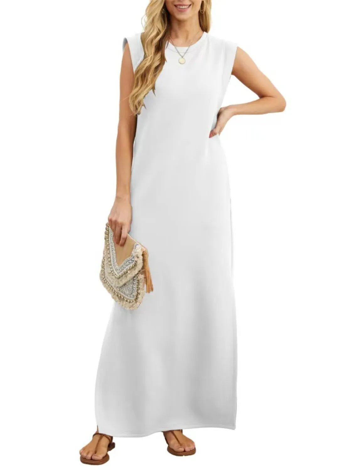 Full Size Slit Round Neck Sleeveless Maxi Tank Dress Plus Size - Ramm Clothing Ink