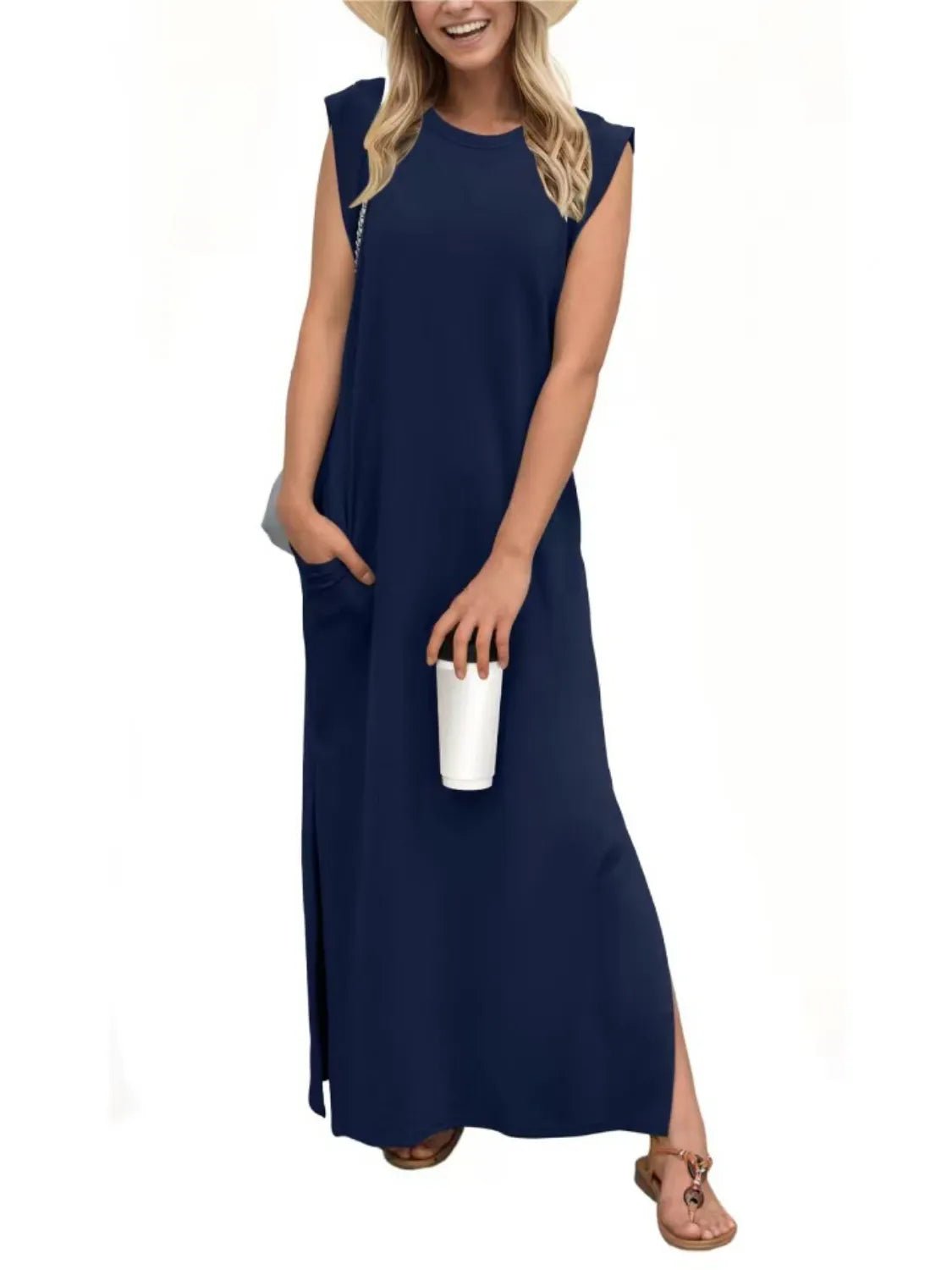 Full Size Slit Round Neck Sleeveless Maxi Tank Dress Plus Size - Ramm Clothing Ink