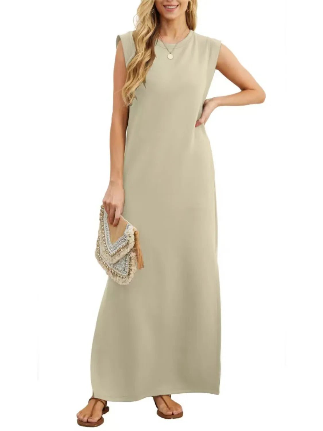 Full Size Slit Round Neck Sleeveless Maxi Tank Dress Plus Size - Ramm Clothing Ink