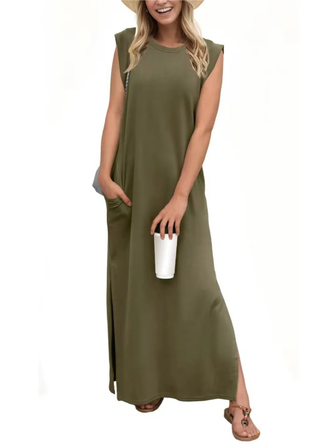Full Size Slit Round Neck Sleeveless Maxi Tank Dress Plus Size - Ramm Clothing Ink