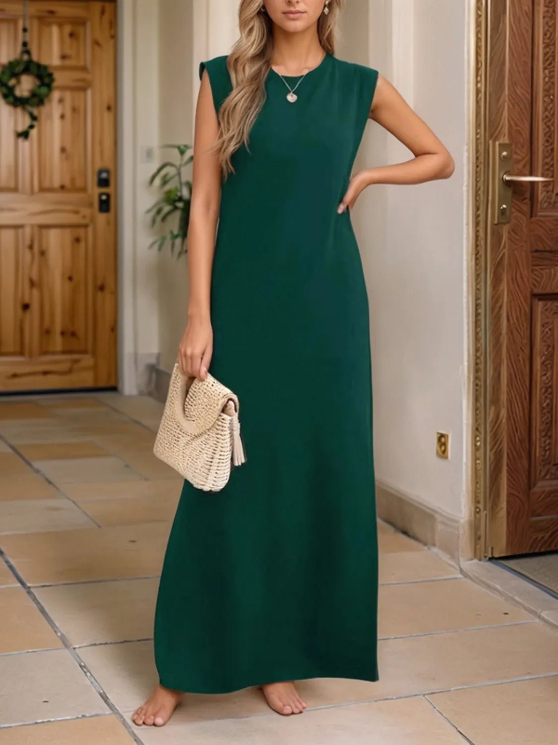 Full Size Slit Round Neck Sleeveless Maxi Tank Dress Plus Size - Ramm Clothing Ink