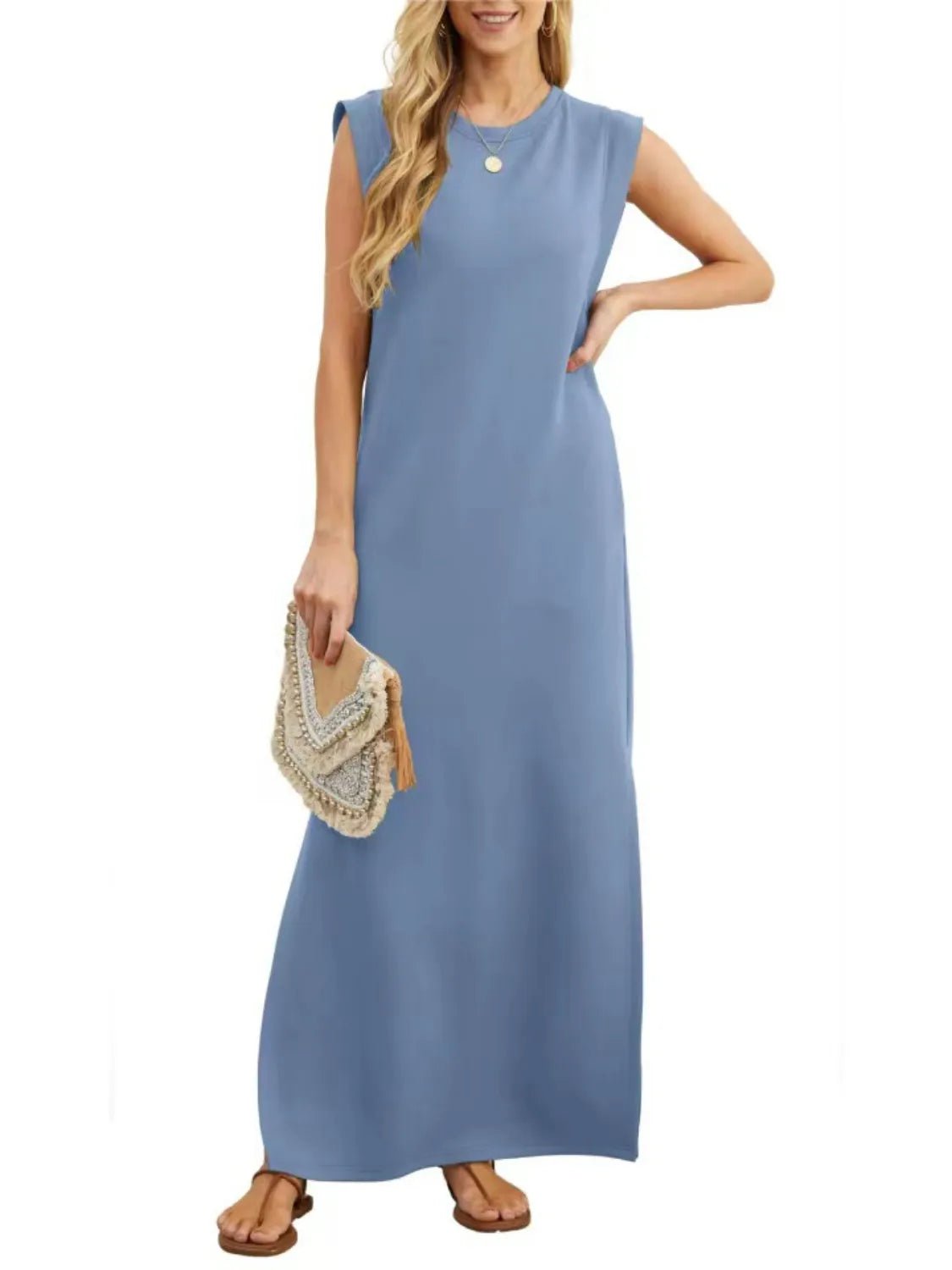Full Size Slit Round Neck Sleeveless Maxi Tank Dress Plus Size - Ramm Clothing Ink