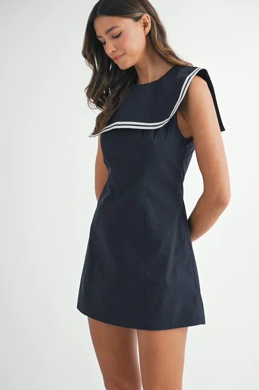 MABLE Contrast Piping Square Sailor Collar Mini Dress - Ramm Clothing Ink