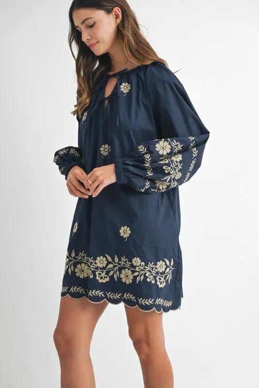 MABLE Embroidered Long Sleeve Peasant Mini Dress - Ramm Clothing Ink