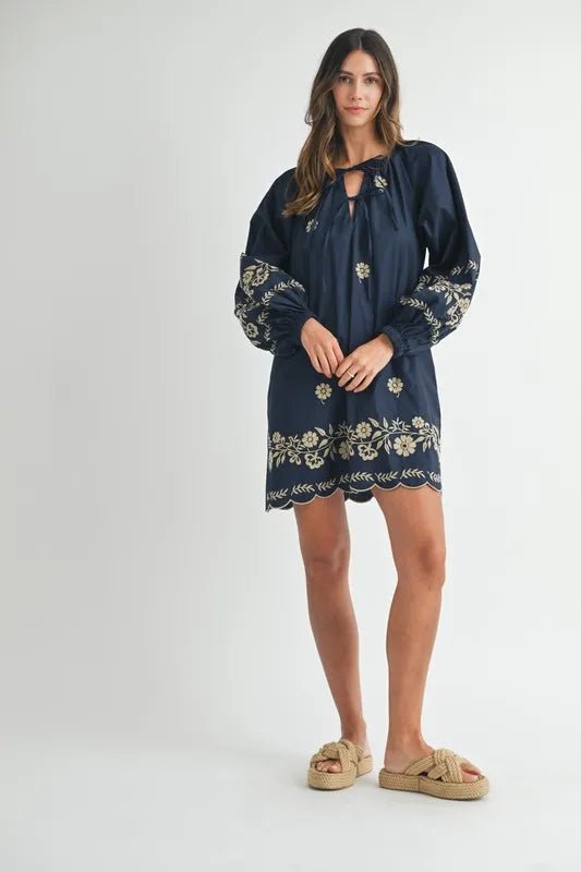 MABLE Embroidered Long Sleeve Peasant Mini Dress - Ramm Clothing Ink