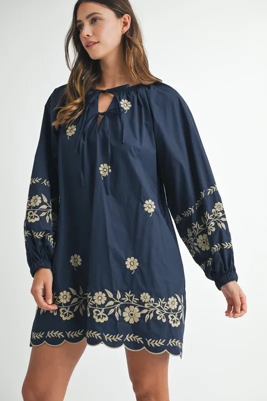 MABLE Embroidered Long Sleeve Peasant Mini Dress - Ramm Clothing Ink