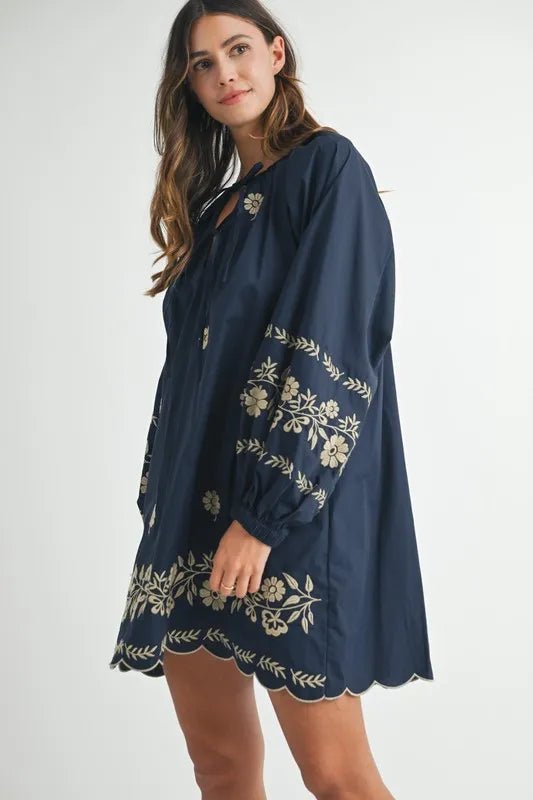 MABLE Embroidered Long Sleeve Peasant Mini Dress - Ramm Clothing Ink
