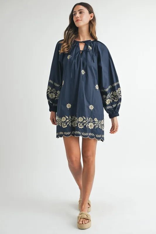 MABLE Embroidered Long Sleeve Peasant Mini Dress - Ramm Clothing Ink